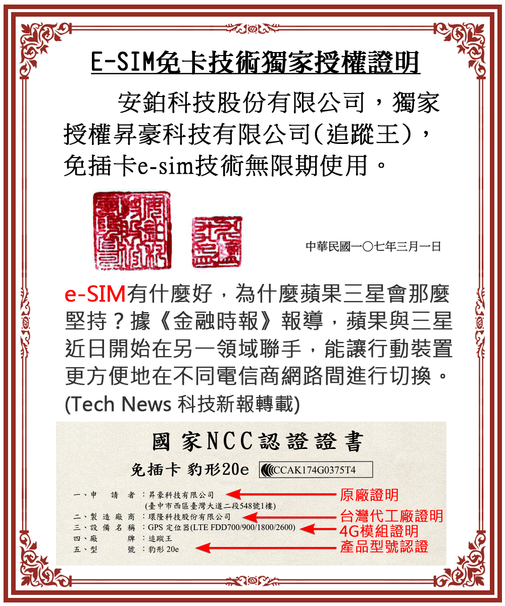 E-SIM免卡技術獨家授權證明20e